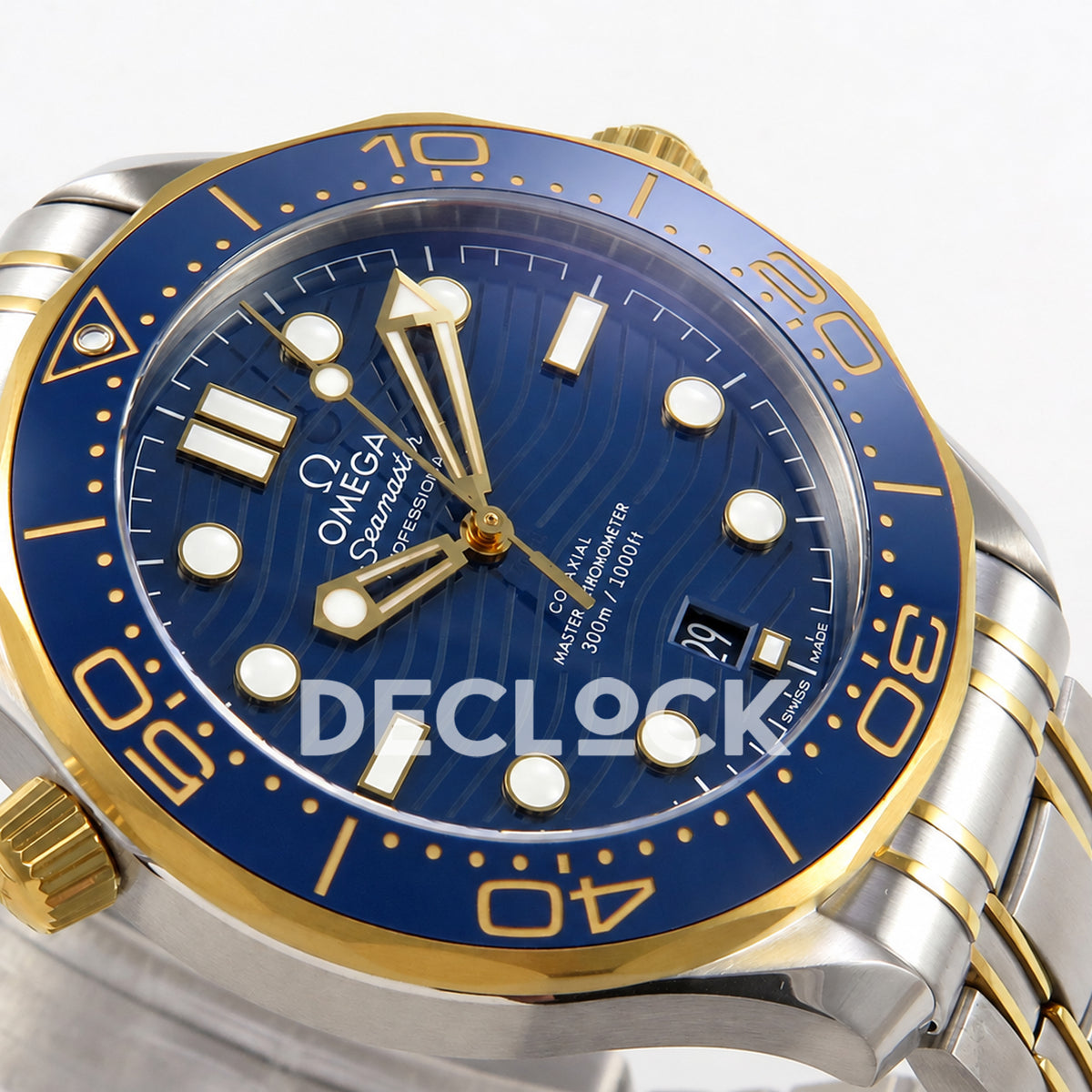 Omega Seamaster Diver 300M ORF Blue Steel Yellow Gold 8800 Free Sprung — angled dial detail