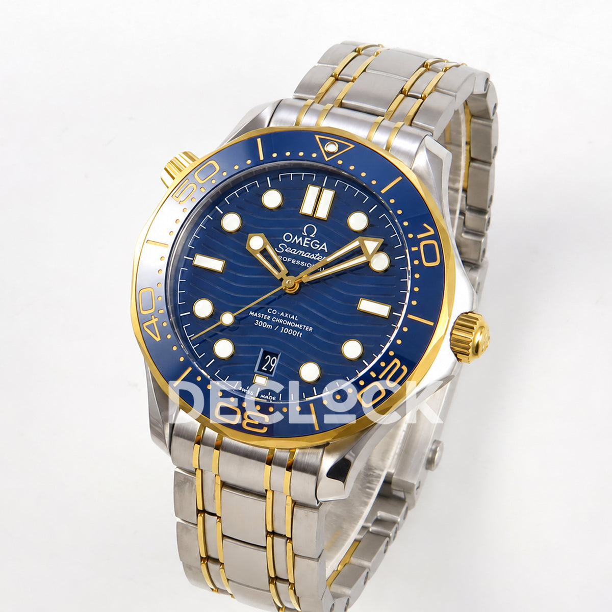 Omega Seamaster Diver 300M ORF Blue Steel Yellow Gold 8800 Free Sprung — angled dial view