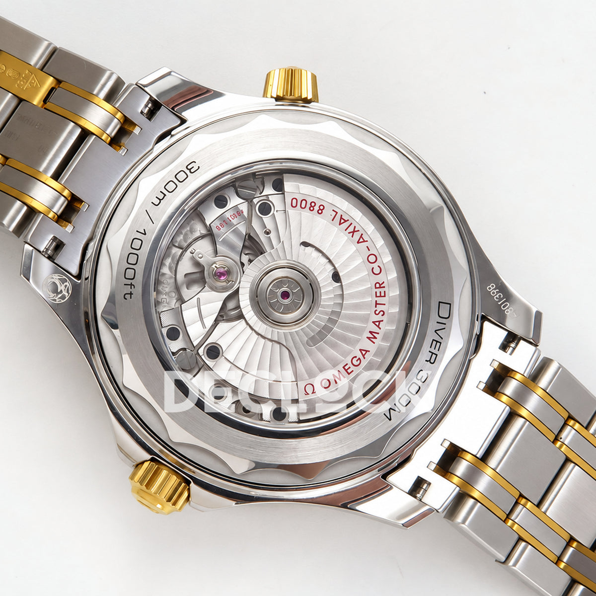 Omega Seamaster Diver 300M ORF Blue Steel Yellow Gold 8800 Free Sprung — caseback view