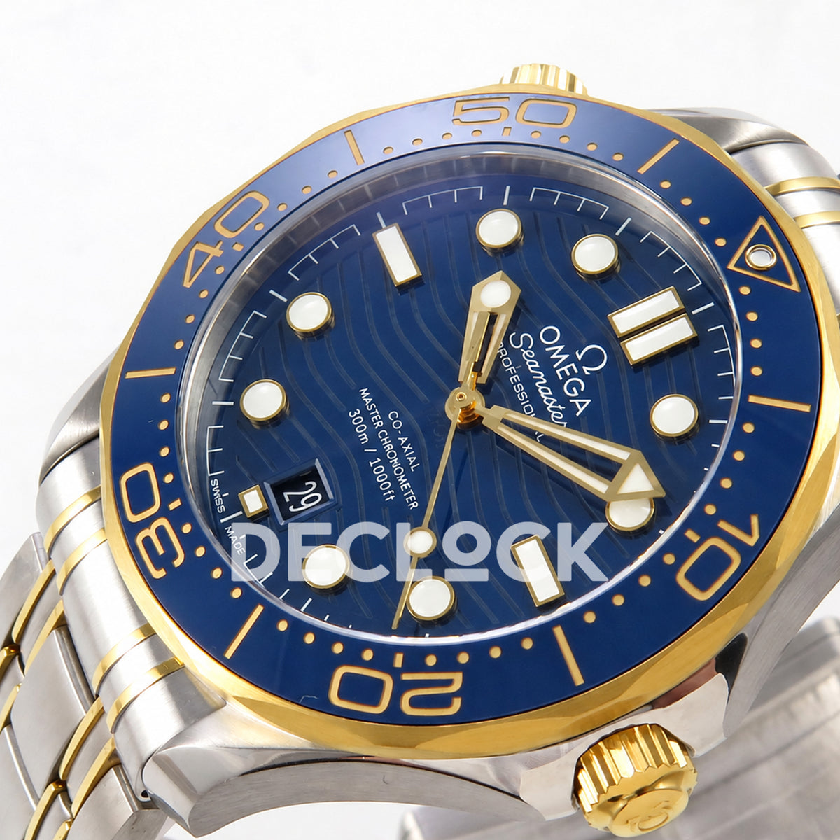 Omega Seamaster Diver 300M ORF Blue Steel Yellow Gold 8800 Free Sprung — crown side dial view