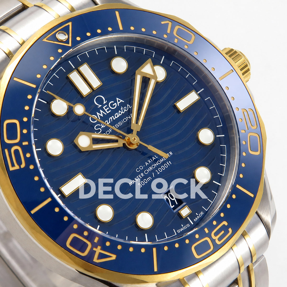 Omega Seamaster Diver 300M ORF Blue Steel Yellow Gold 8800 Free Sprung — dial detail