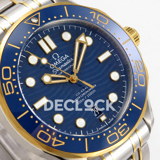 Omega Seamaster Diver 300M ORF Blue Steel Yellow Gold 8800 Free Sprung — dial detail