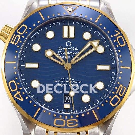 Omega Seamaster Diver 300M ORF Blue Steel Yellow Gold 8800 Free Sprung — front dial close up