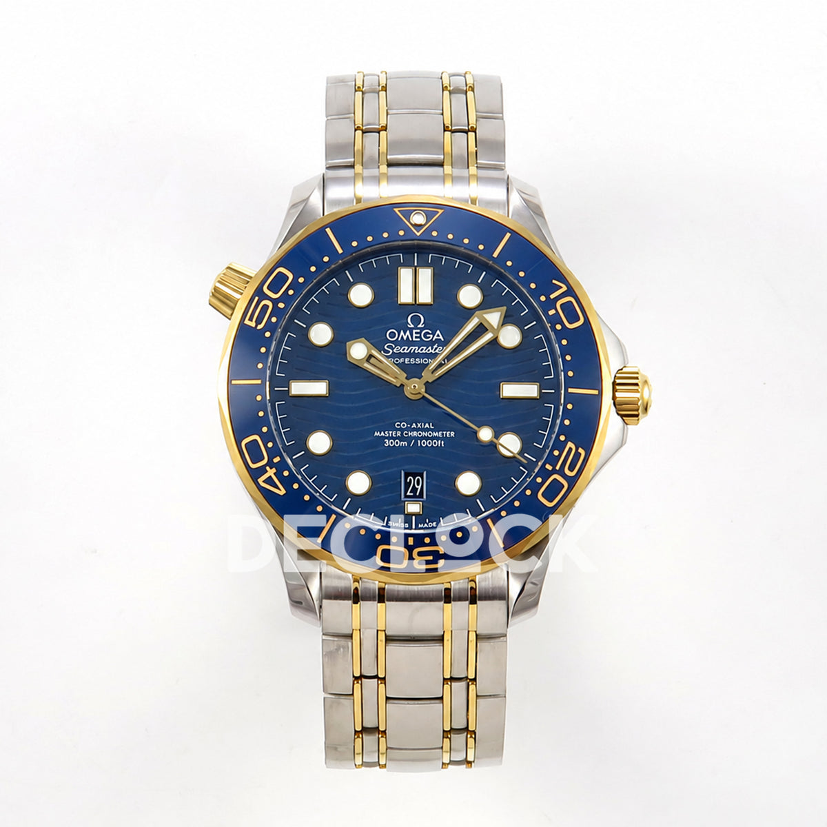 Omega Seamaster Diver 300M ORF Blue Steel Yellow Gold 8800 Free Sprung — front view
