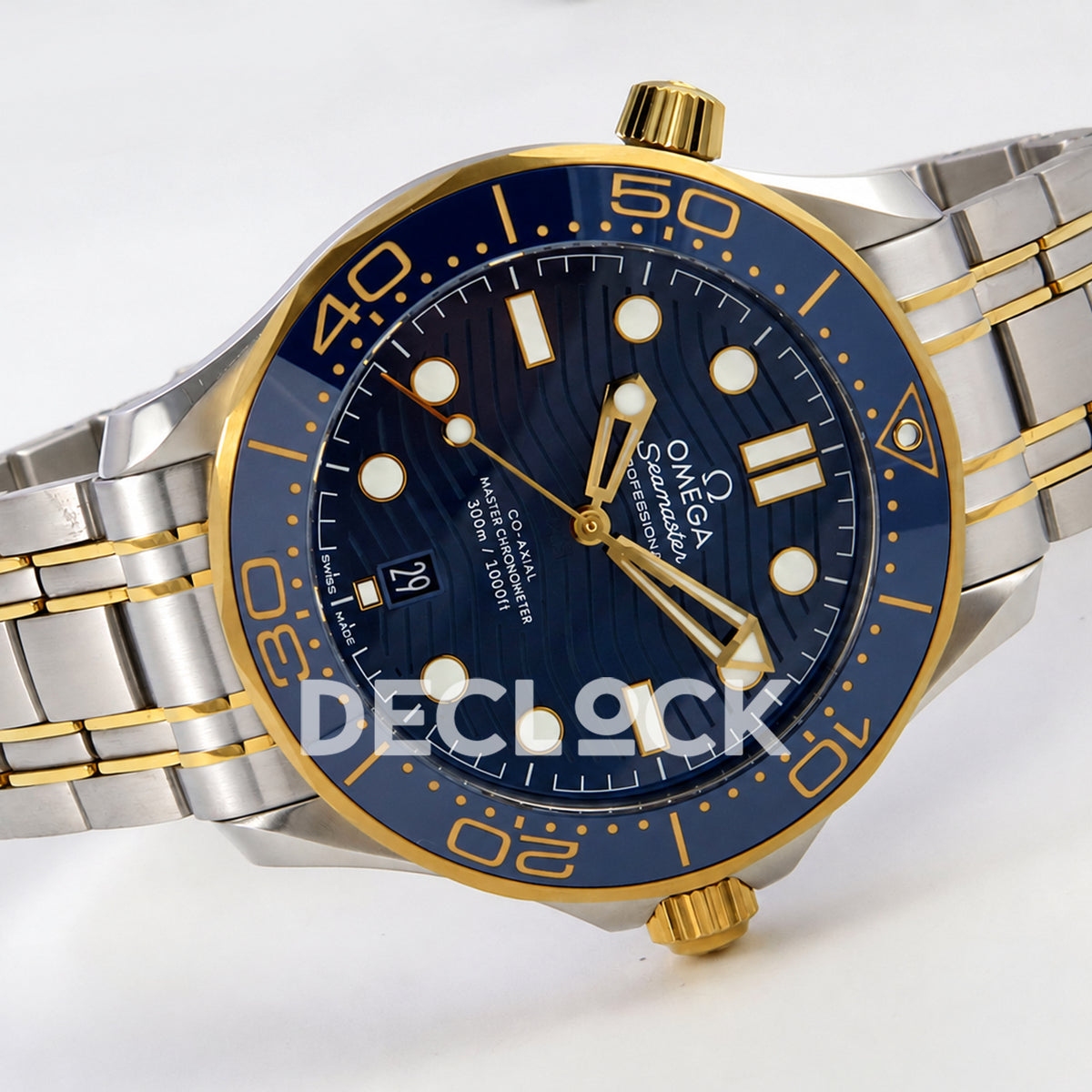 Omega Seamaster Diver 300M ORF Blue Steel Yellow Gold 8800 Free Sprung — full watch angled view