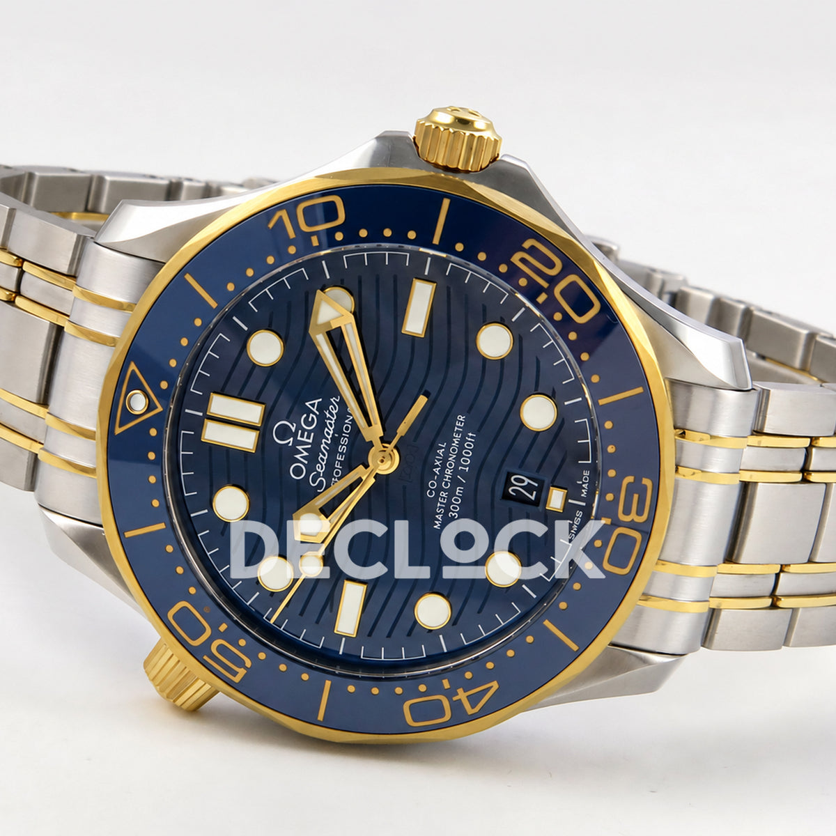 Omega Seamaster Diver 300M ORF Blue Steel Yellow Gold 8800 Free Sprung — full watch side angle