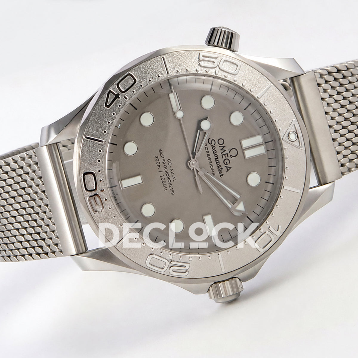 Omega Seamaster Diver 300M Gray Dial Steel Mesh ORF 8806 Free Sprung — full watch angled view