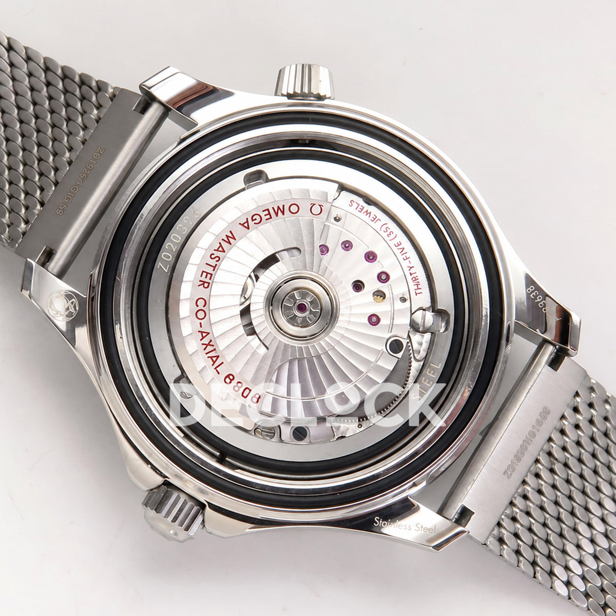 Omega Seamaster Diver 300M Gray Dial Steel Mesh ORF 8806 Free Sprung — open caseback movement view