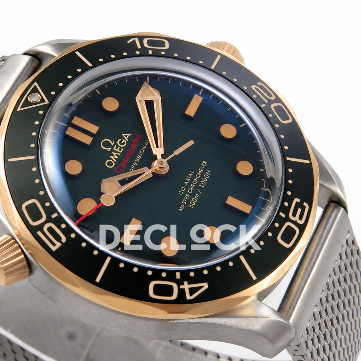Omega Seamaster Diver 300M Green Titanium Bronze Gold ORF 8806 Free Sprung — angled dial detail