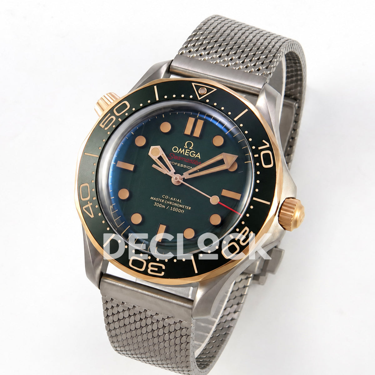 Omega Seamaster Diver 300M Green Titanium Bronze Gold ORF 8806 Free Sprung — angled dial view