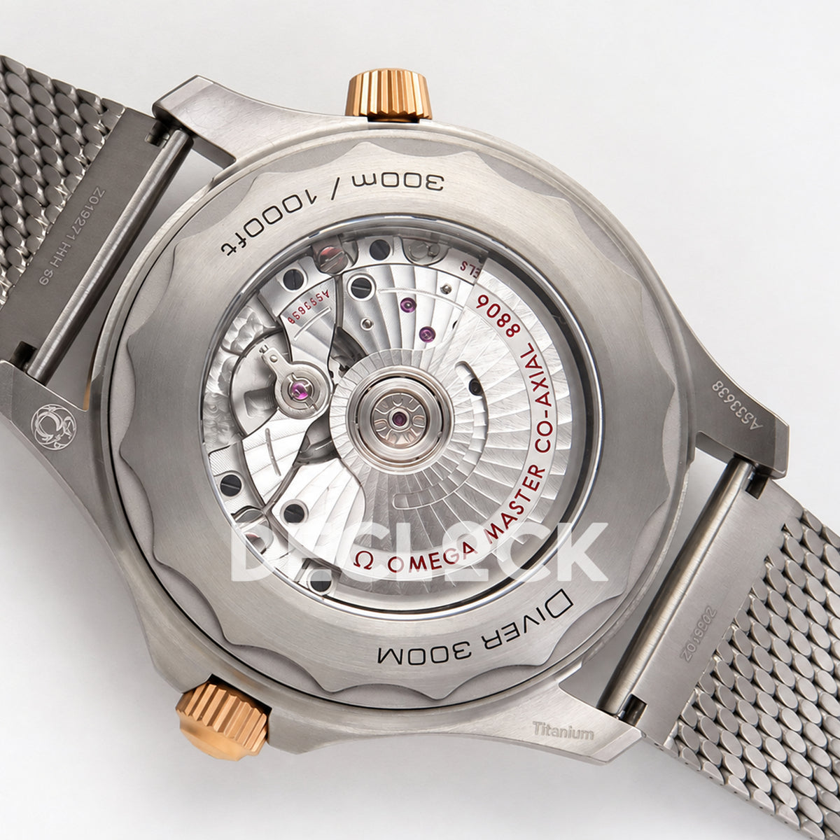 Omega Seamaster Diver 300M Green Titanium Bronze Gold ORF 8806 Free Sprung — caseback view