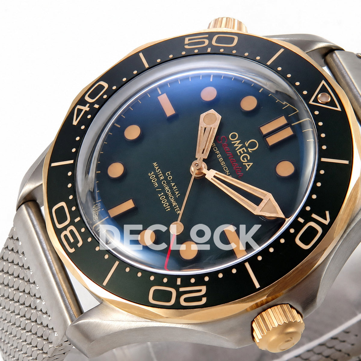 Omega Seamaster Diver 300M Green Titanium Bronze Gold ORF 8806 Free Sprung — crown side dial view