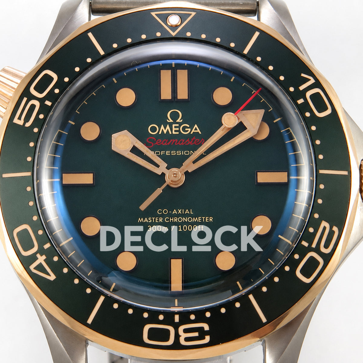Omega Seamaster Diver 300M Green Titanium Bronze Gold ORF 8806 Free Sprung — front dial close up