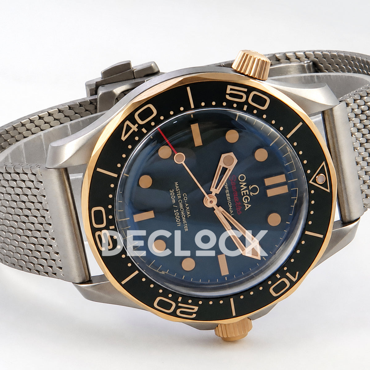 Omega Seamaster Diver 300M Green Titanium Bronze Gold ORF 8806 Free Sprung — full watch angled view