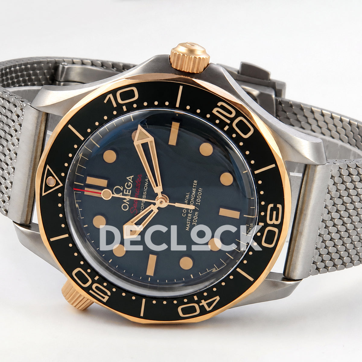 Omega Seamaster Diver 300M Green Titanium Bronze Gold ORF 8806 Free Sprung — full watch side angle