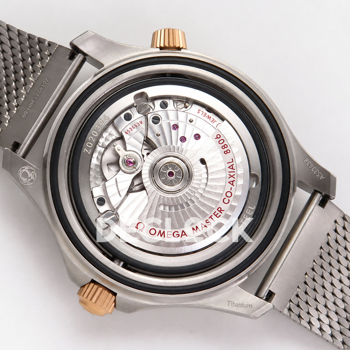 Omega Seamaster Diver 300M Green Titanium Bronze Gold ORF 8806 Free Sprung — open caseback rotor view