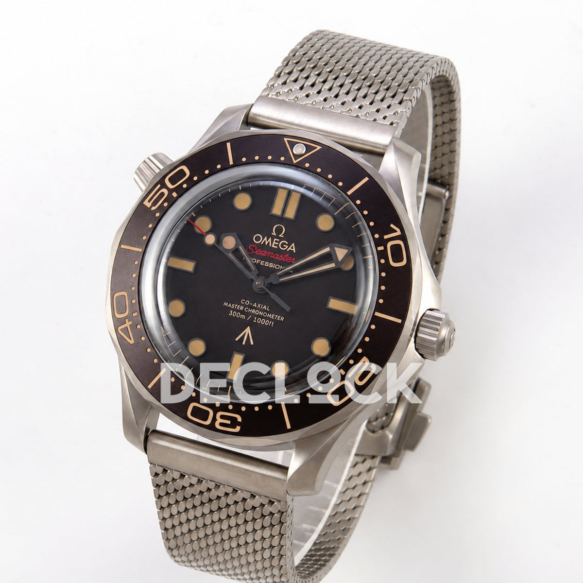 Omega Seamaster Diver 300M No Time To Die ORF titanium mesh 8806 Free Sprung — angled dial view