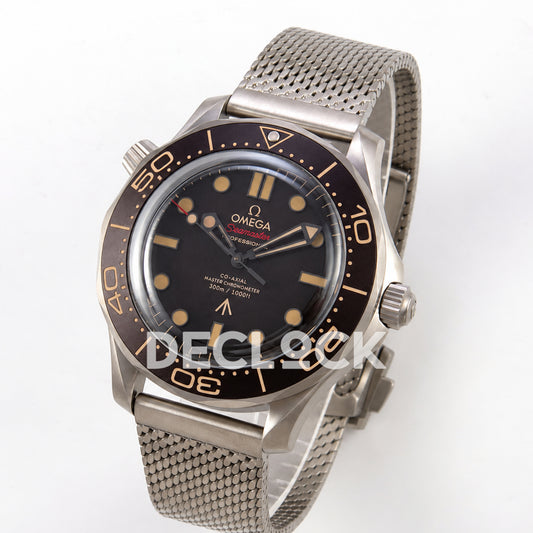 Omega Seamaster Diver 300M No Time To Die ORF titanium mesh 8806 Free Sprung — angled dial view
