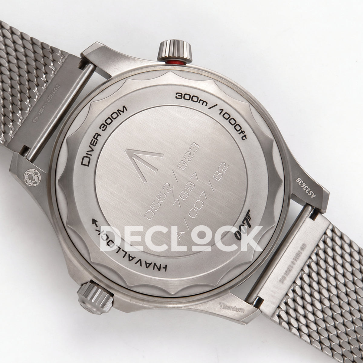 Omega Seamaster Diver 300M No Time To Die ORF titanium mesh 8806 Free Sprung — caseback view