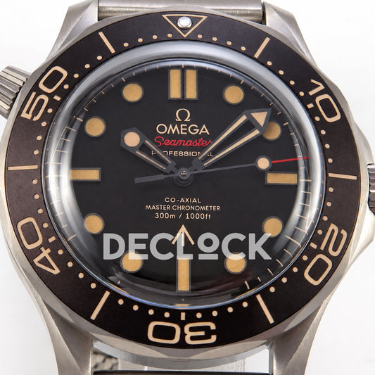 Omega Seamaster Diver 300M No Time To Die ORF titanium mesh 8806 Free Sprung — front dial close up