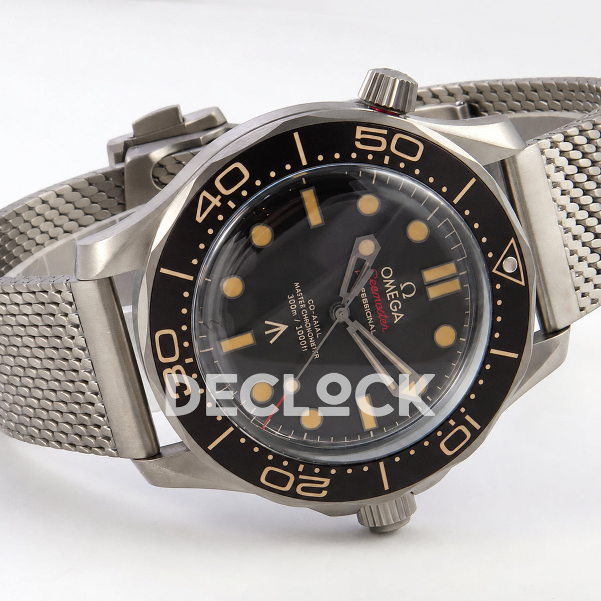 Omega Seamaster Diver 300M No Time To Die ORF titanium mesh 8806 Free Sprung — full watch angled view