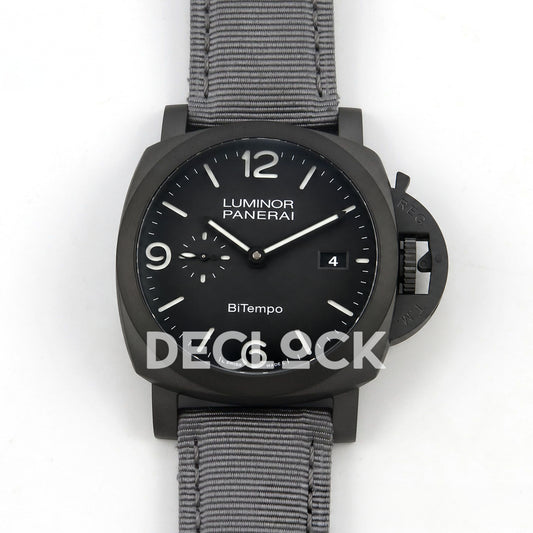 Panerai Luminor BiTempo New York PAM01467 Grey Ombre DLC Nylon VSF P9010 GMT replica - front