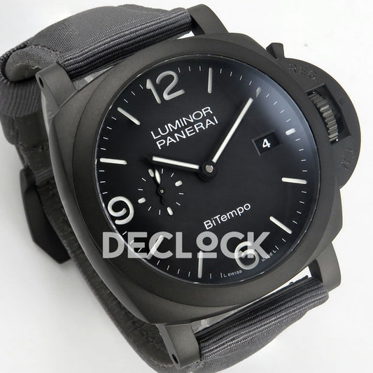 Panerai Luminor BiTempo New York PAM01467 Grey Ombre DLC Nylon VSF P9010 GMT replica - dial angle left