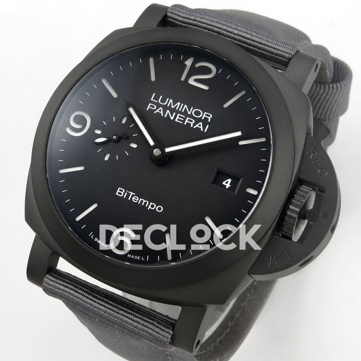 Panerai Luminor BiTempo New York PAM01467 Grey Ombre DLC Nylon VSF P9010 GMT replica - full watch angle