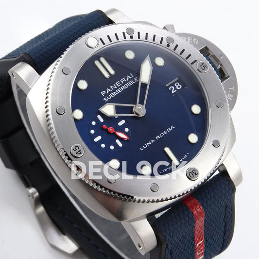 Panerai Submersible QuarantaQuattro Luna Rossa PAM01391 Blue Fabric VSF P900 replica - dial angle left