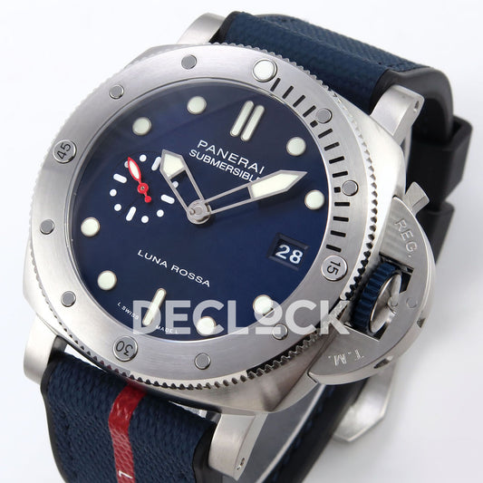 Panerai Submersible QuarantaQuattro Luna Rossa PAM01391 Blue Fabric VSF P900 replica - full watch angle