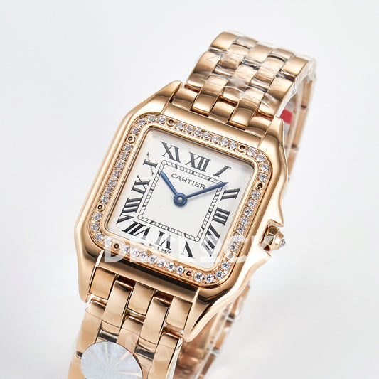 Panthère De Cartier Small 27x22mm Rose Gold White Dial Stone Bezel Asian AAA+ Replica – angle 03