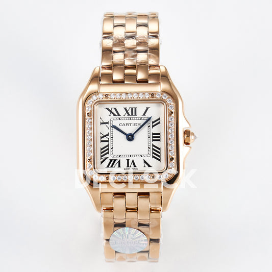 Panthère De Cartier Small 27x22mm Rose Gold White Dial Stone Bezel Asian AAA+ Replica – front 01