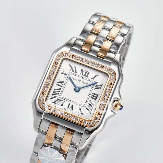 Panthère De Cartier Small 27x22mm Steel & Rose Gold White Dial Stone Bezel Asian AAA+ Replica – angle 03
