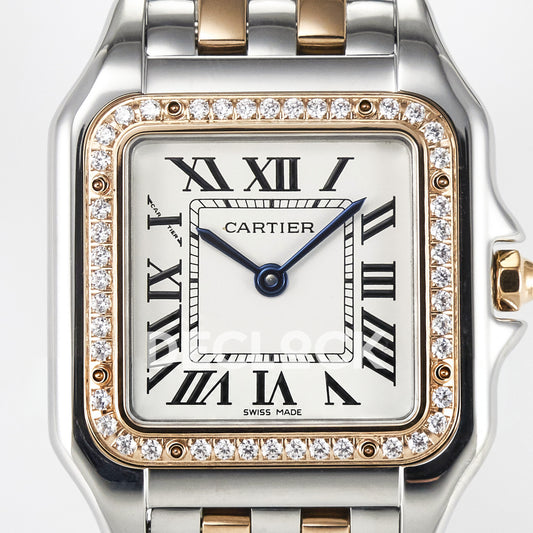Panthère De Cartier Small 27x22mm Steel & Rose Gold White Dial Stone Bezel Asian AAA+ Replica – dial front 02