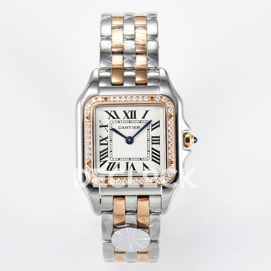 Panthère De Cartier Small 27x22mm Steel & Rose Gold White Dial Stone Bezel Asian AAA+ Replica – front 01