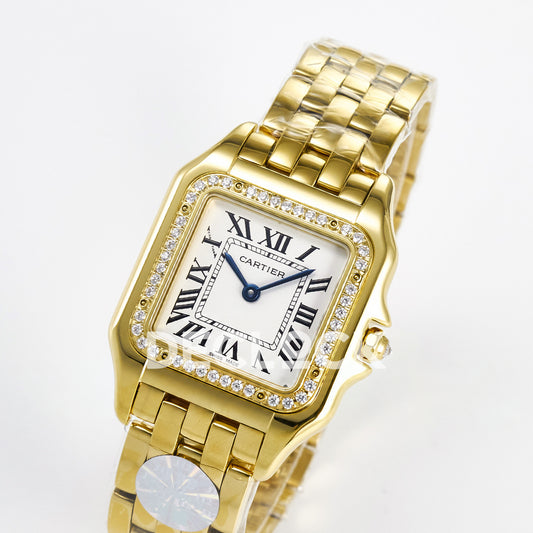 Panthère De Cartier Small 27x22mm Yellow Gold White Dial Stone Bezel Asian AAA+ Replica – angle 03