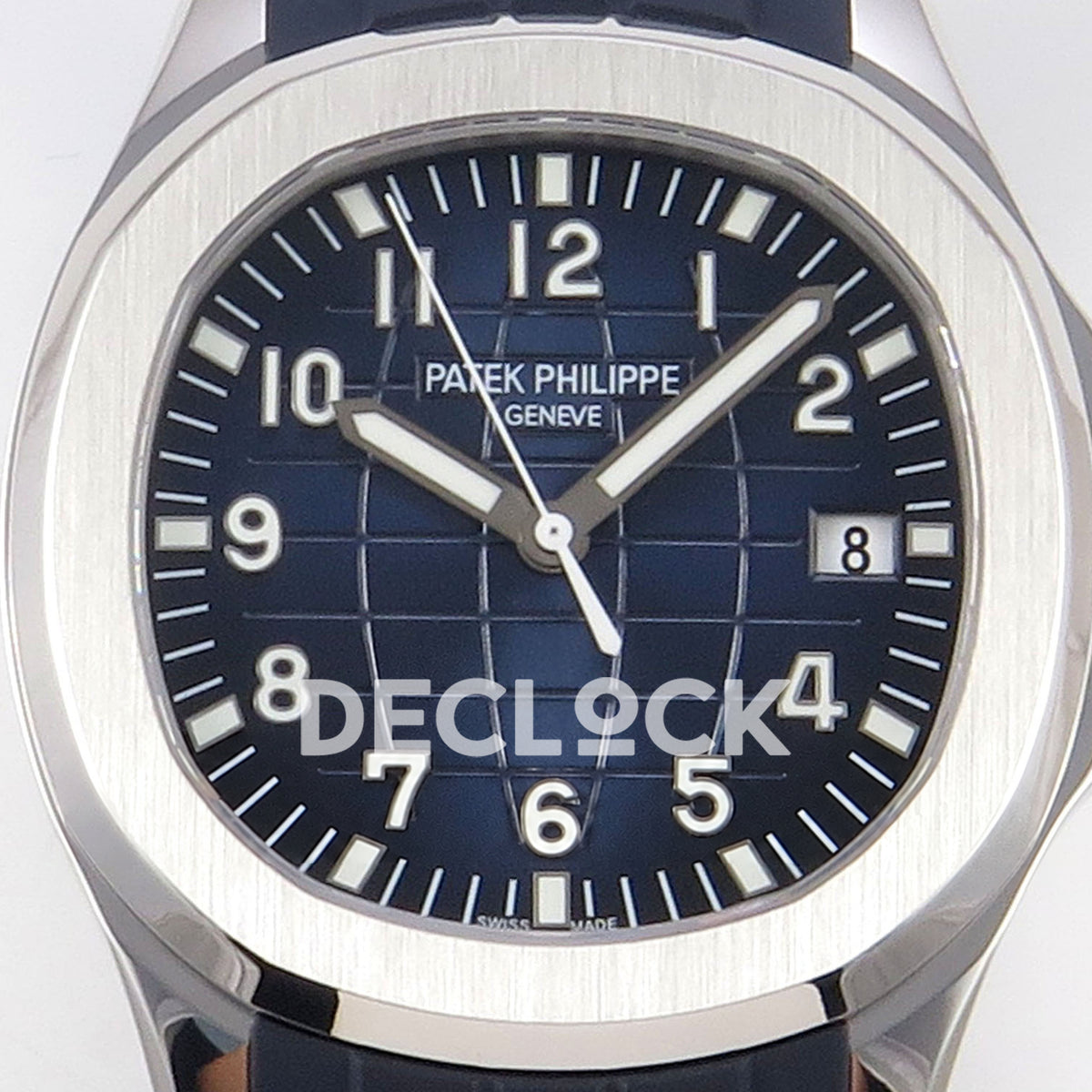 Patek Philippe Aquanaut 5168G APWF replica - blue embossed dial close-up with original Arabic numerals and date 8