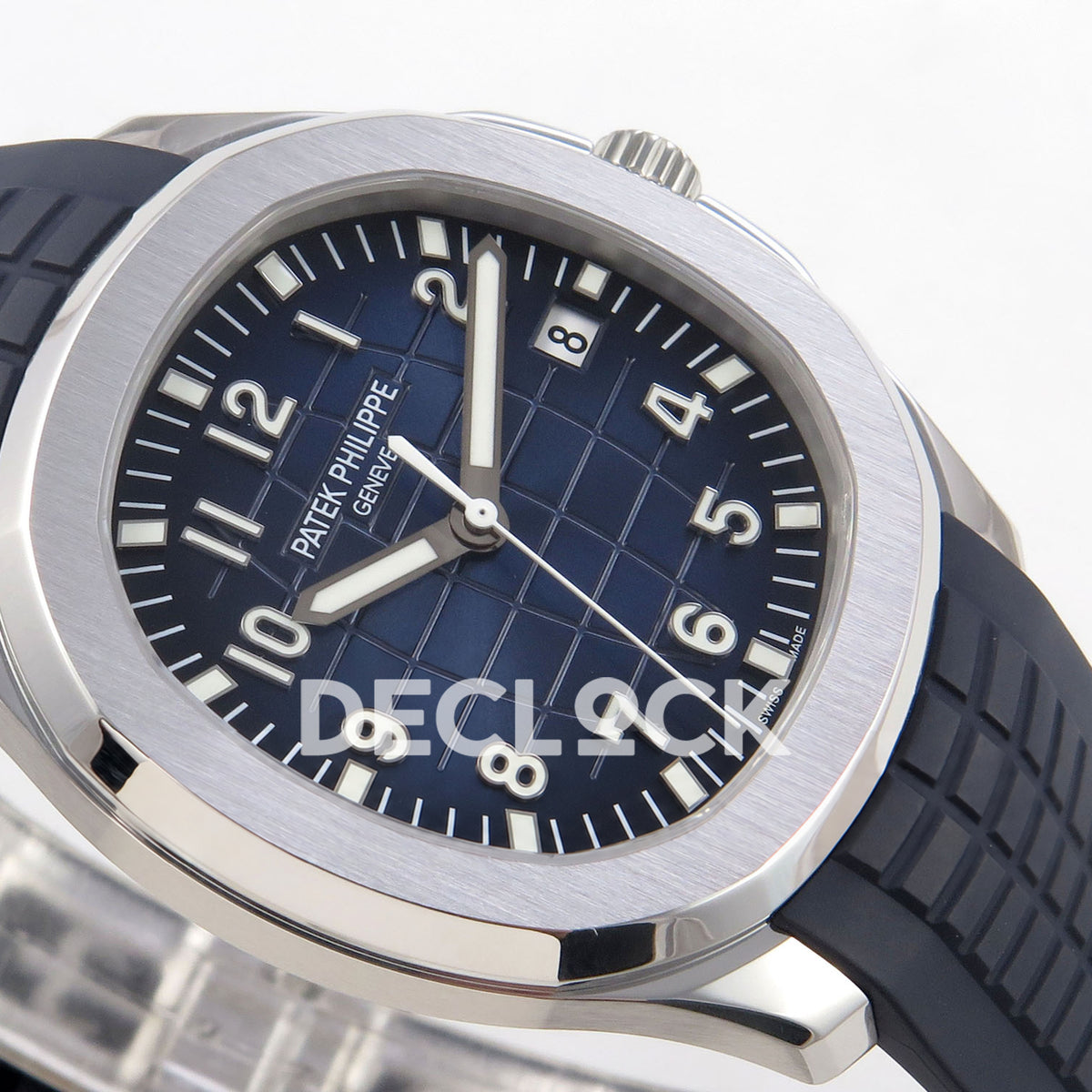 Patek Philippe Aquanaut 5168G APWF replica - blue embossed dial at a low angle with original markers
