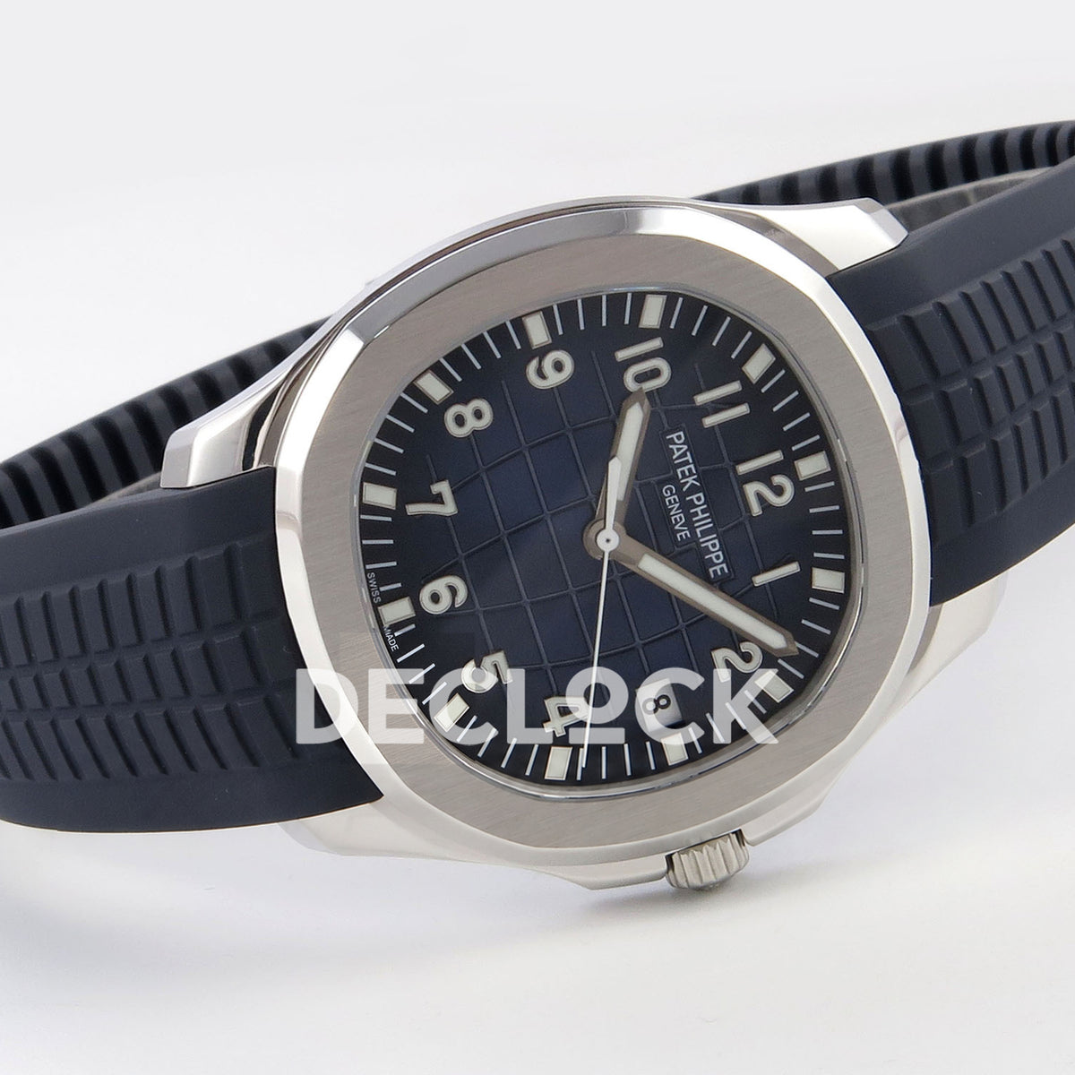 Patek Philippe Aquanaut 5168G APWF replica - horizontal front view with blue rubber strap