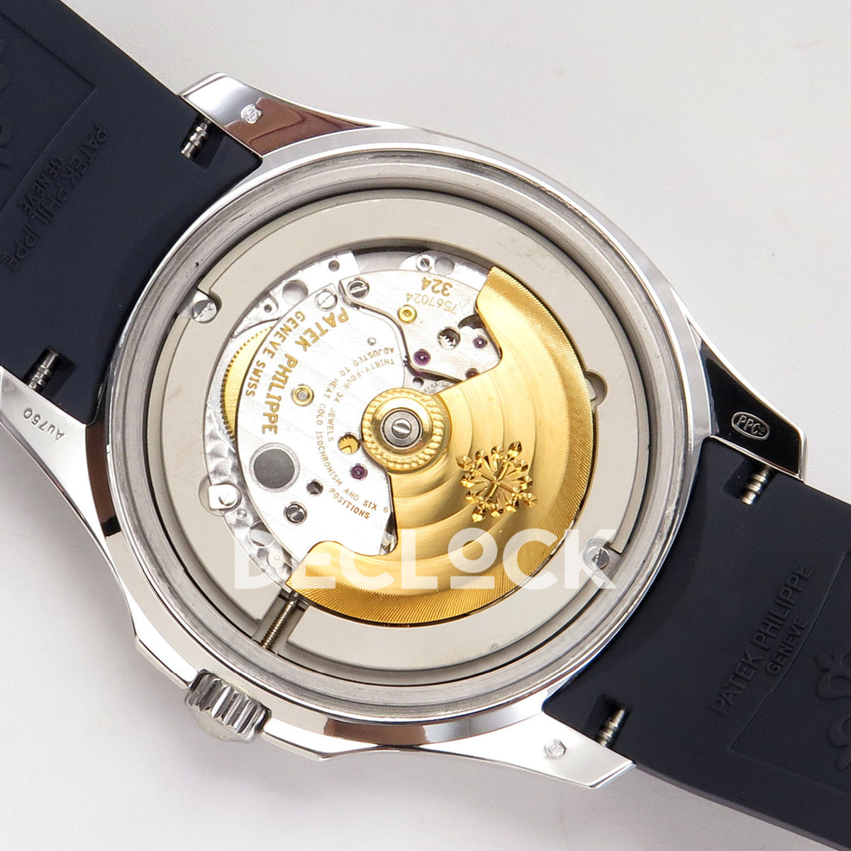 Patek Philippe Aquanaut 5168G APWF replica - open movement with gold-tone rotor at an alternate angle