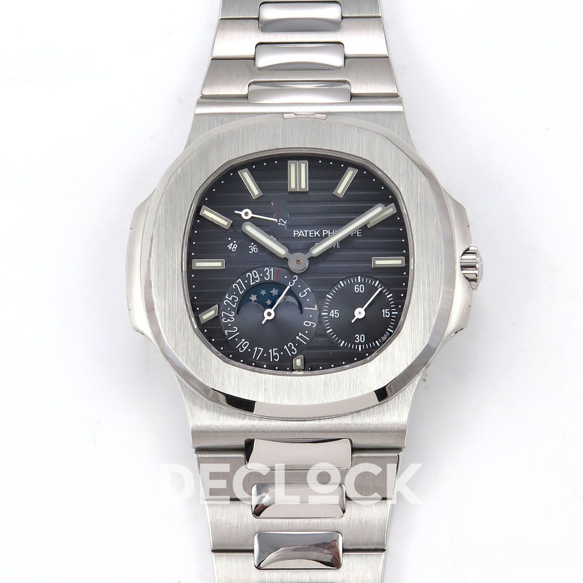 Front view of Patek Philippe Nautilus 5712 PPF V4+ blue dial on steel bracelet