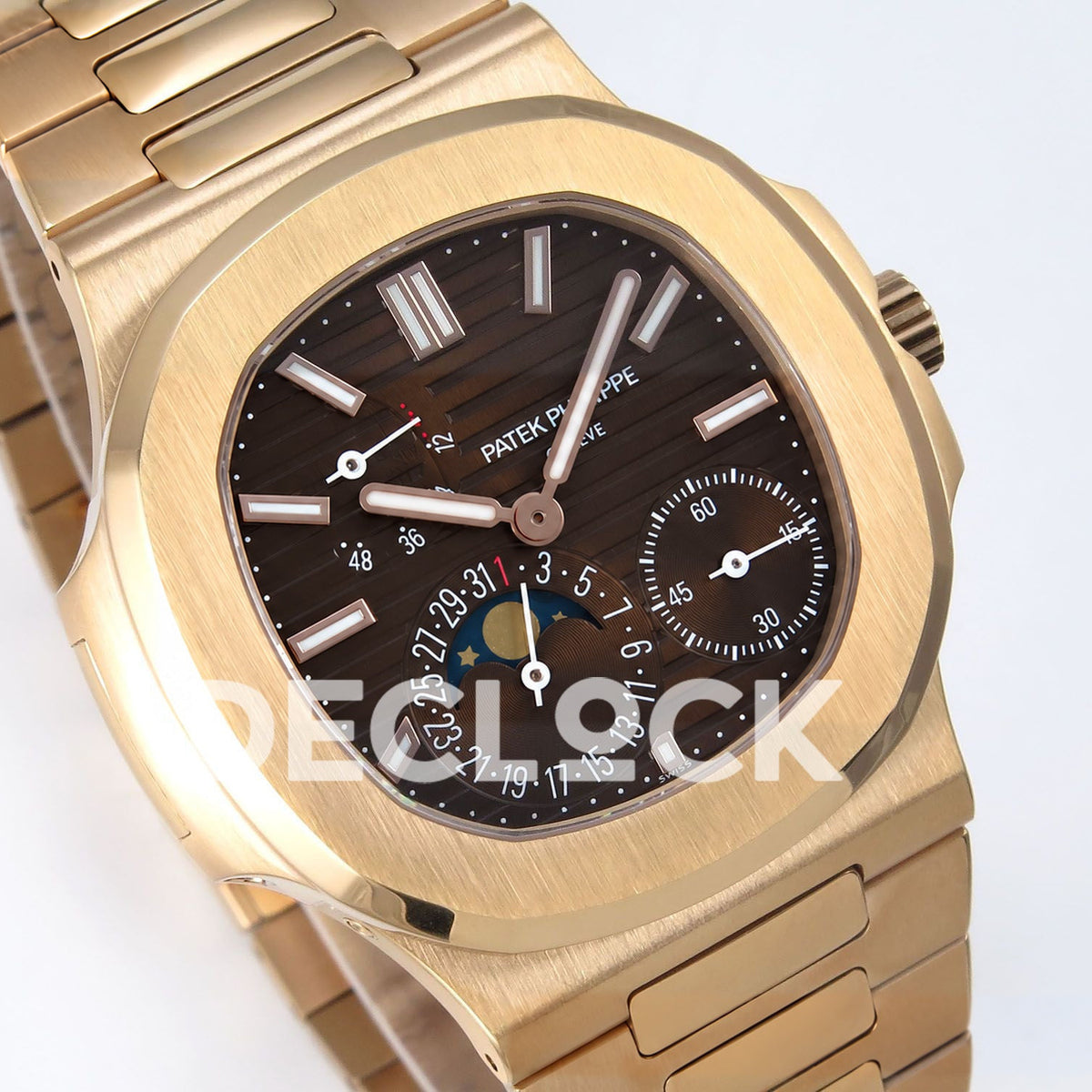 Patek Philippe Nautilus 5712 PPF V4+ brown dial and rose gold plated bracelet, angled front close-up