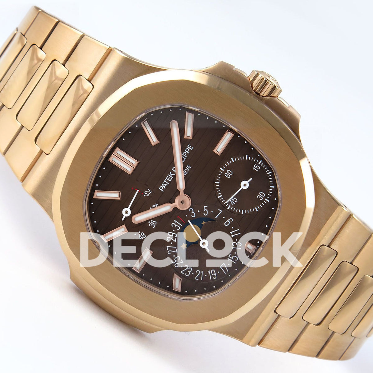 Patek Philippe Nautilus 5712 PPF V4+ brown dial with moonphase and power reserve, right angled view