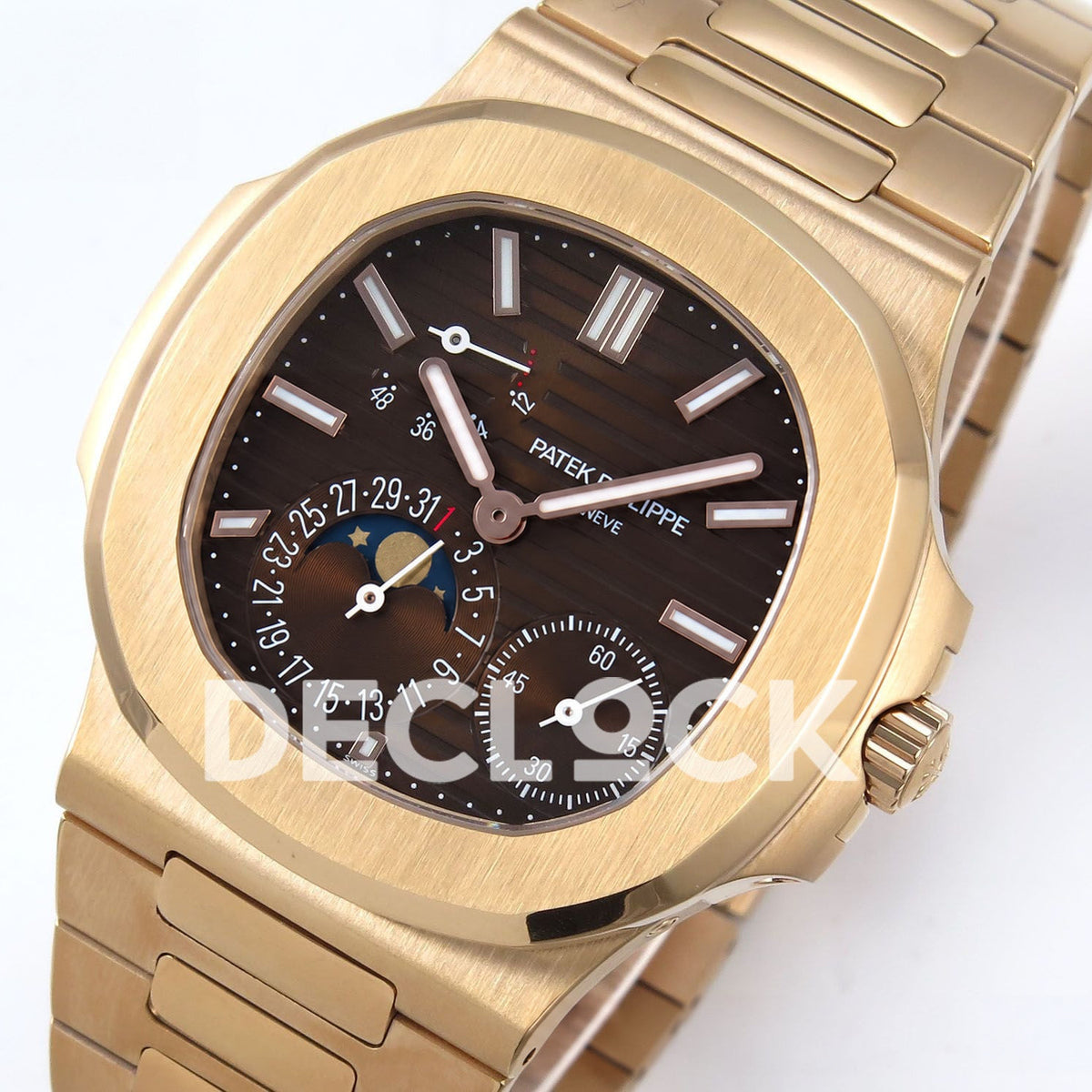Patek Philippe Nautilus 5712 PPF V4+ rose gold plated watch, crown side angled dial view
