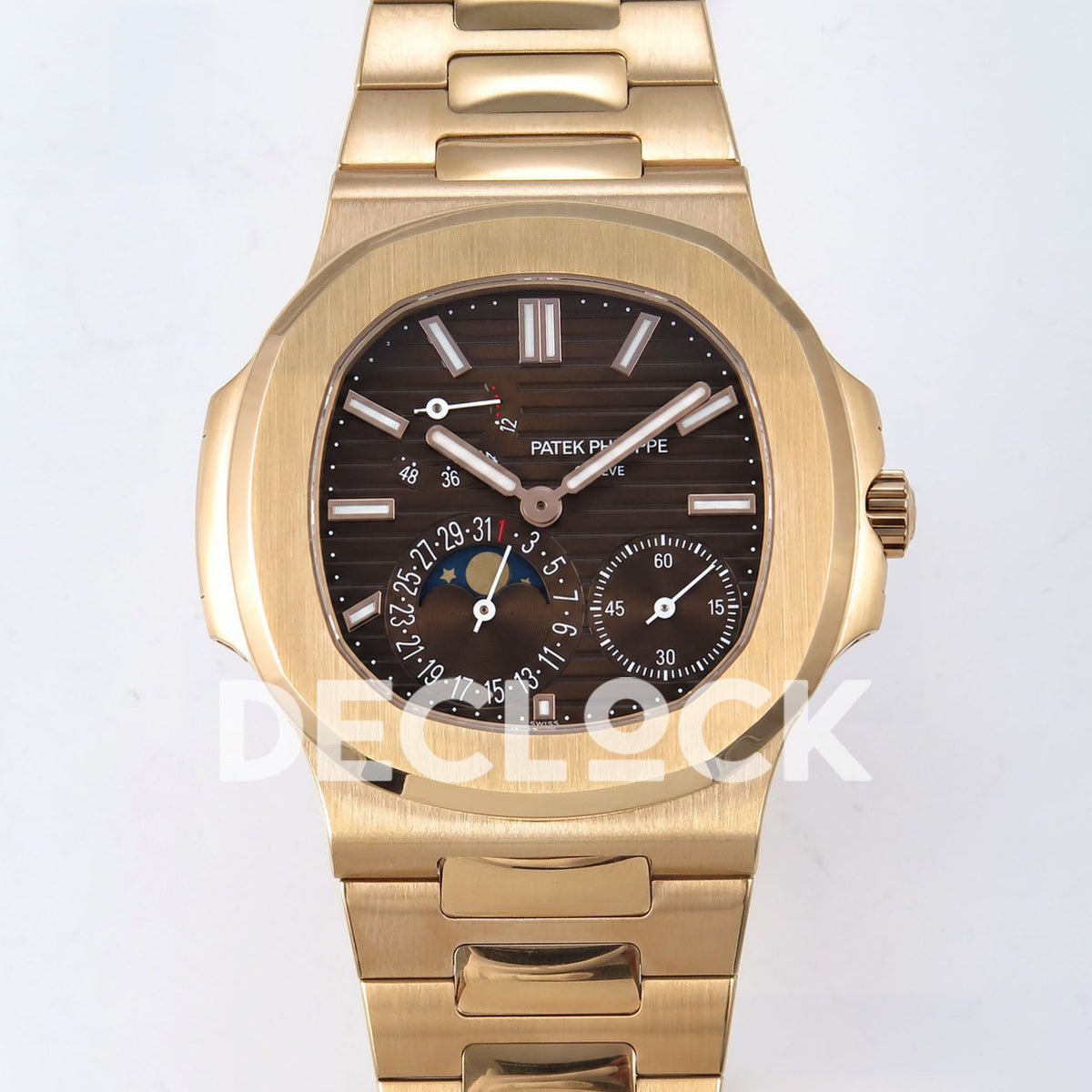 Patek Philippe Nautilus 5712 PPF V4+ rose gold plated watch with brown dial, front close-up