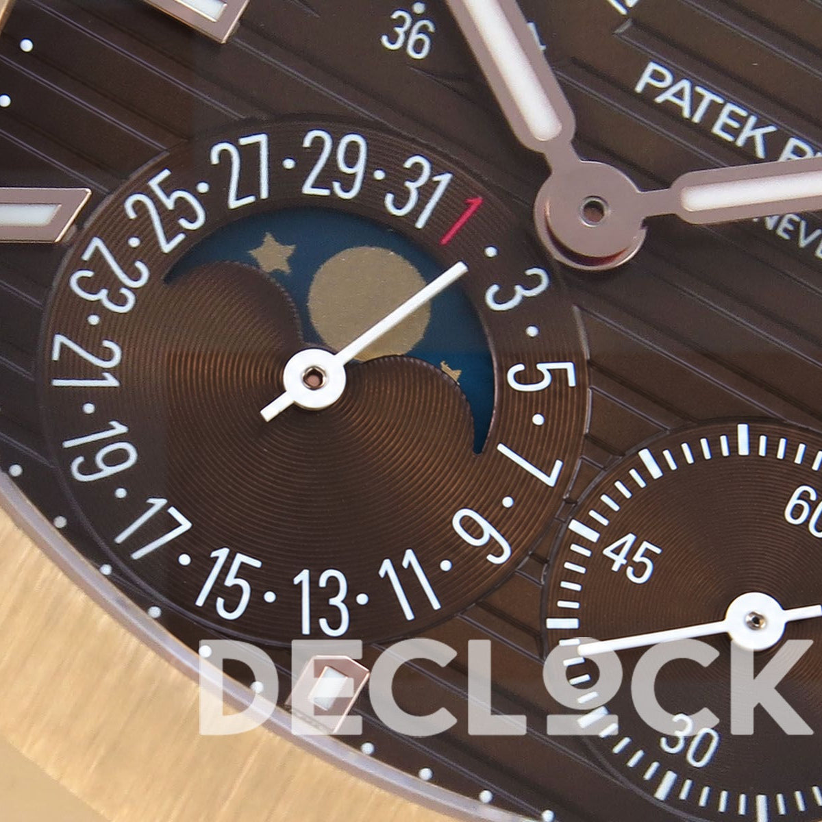 Patek Philippe Nautilus 5712 PPF V4+ brown dial, moonphase date and small seconds close-up