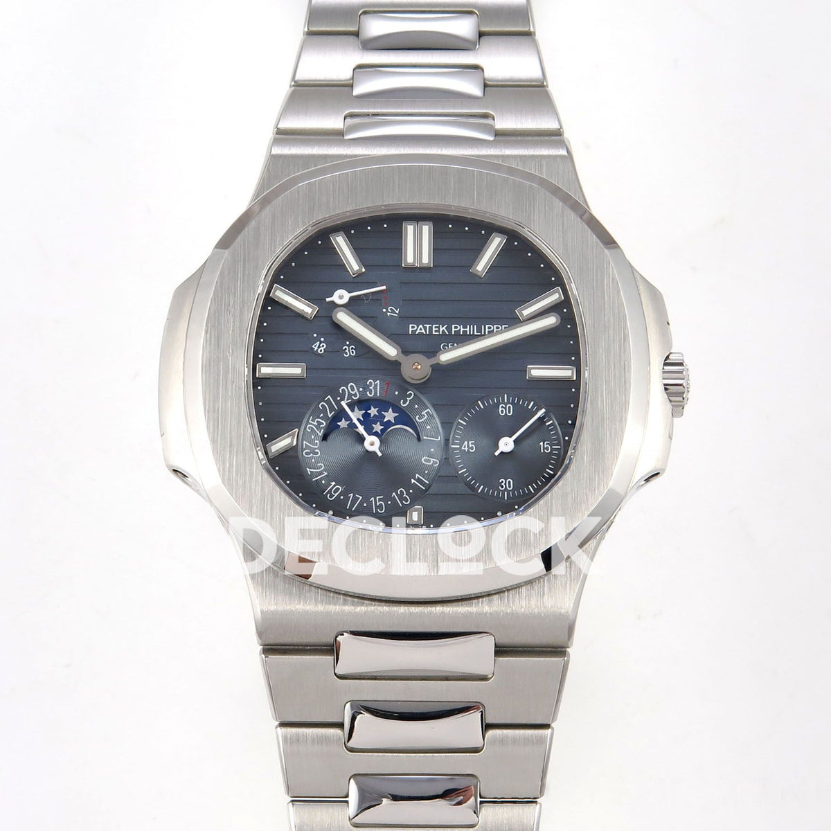 Patek Philippe Nautilus 5712 WSF blue dial JH240 front view on steel bracelet