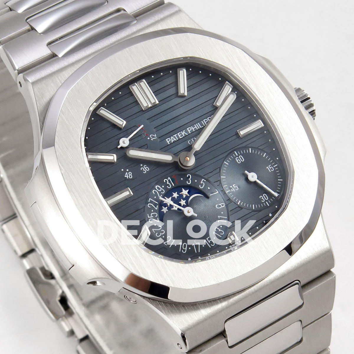 Nautilus 5712 WSF blue dial angled front view with steel case and crown