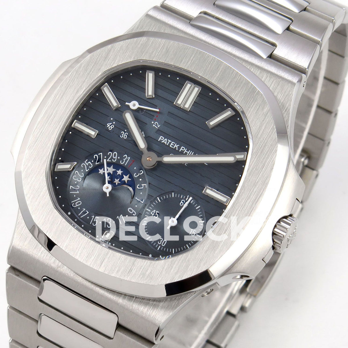 Nautilus 5712 WSF blue dial crown-side front detail with moonphase
