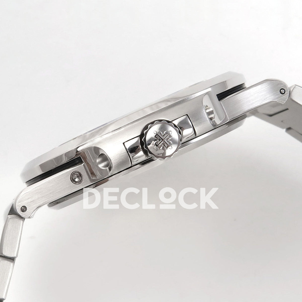 Patek Philippe Nautilus 5712 WSF JH240 blue dial — crown emblem and polished steel case profile
